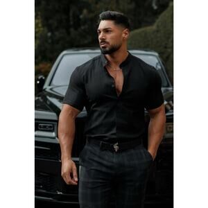 Father & Son Super Slim Oxford Stretch Black GRANDAD COLLAR SHORT SLEEVE Medium
